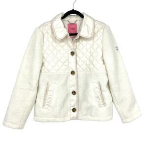 Kate Spade Button Front Fleece And Quilted Paneling Coat Womens Sz L Cream
